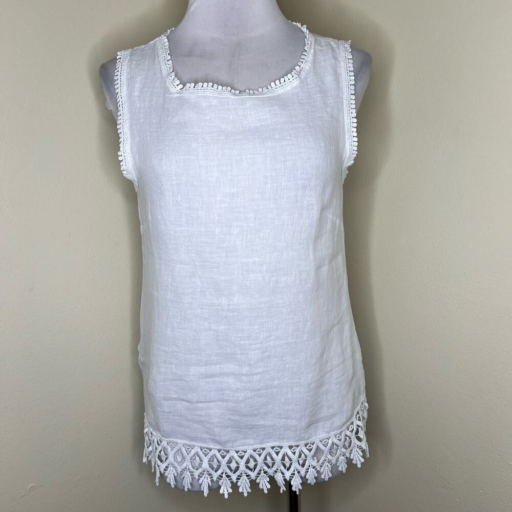 Valentina Naldi Linen Top Small Womens White Lace Crochet Woven Coastal Chic